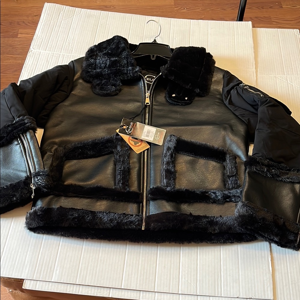 NWT-Celsius-Xl-Black-vegan leather and fur, zippers, biker core, bomber jacket.